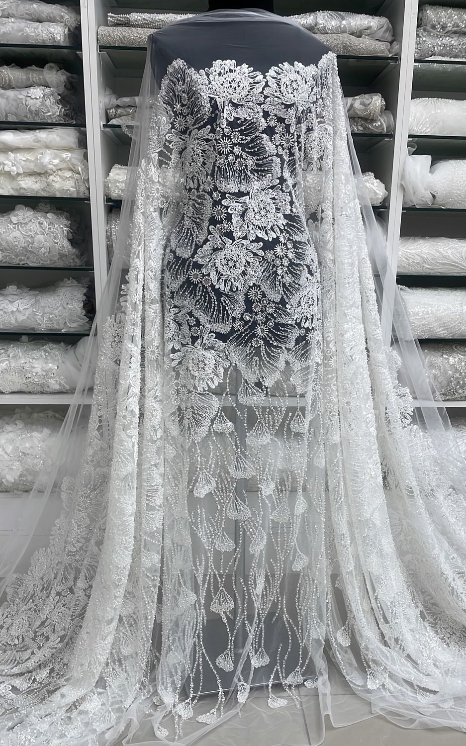 Wedding Dress Fabric Tulle Embroidery with Beads and Sequins-per m-137-08-Off White