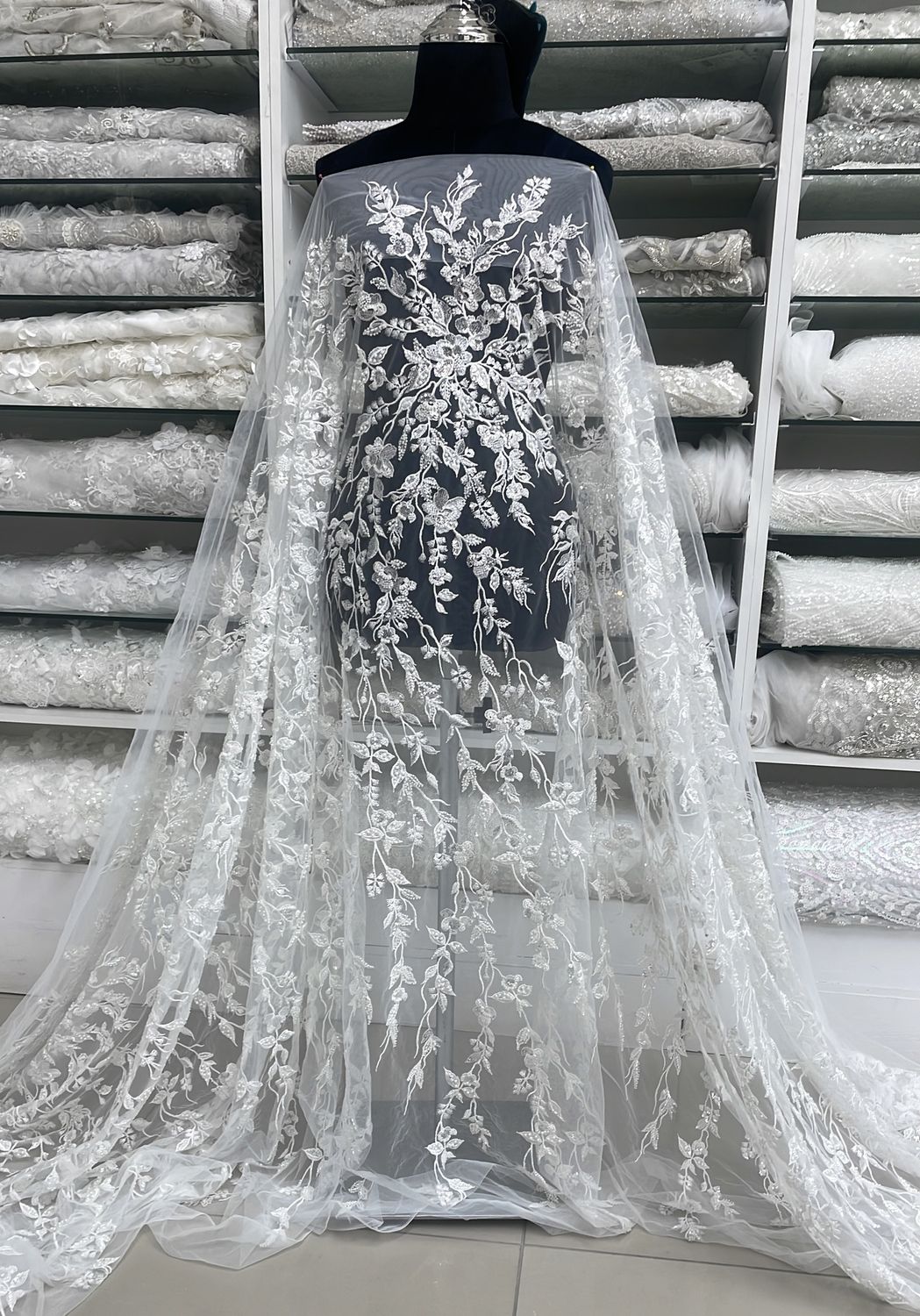 Wedding Dress Fabric Tulle Embroidery with Beads and Sequins-per m-137-04-Off White