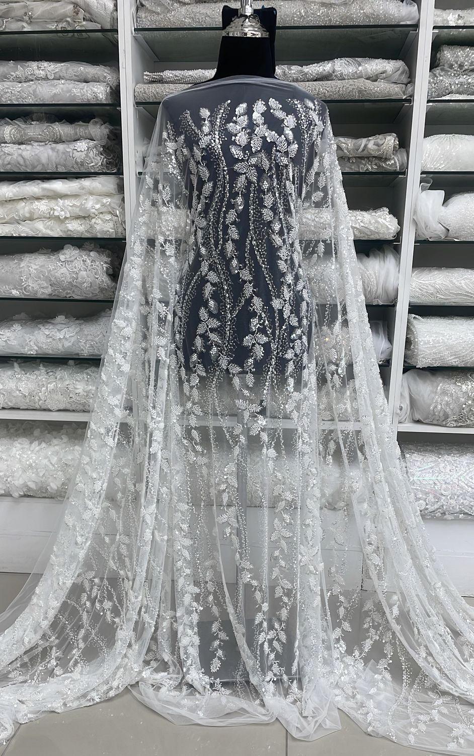 Wedding Dress Fabric Tulle Embroidery with Beads and Sequins-per m-137-09-Off White