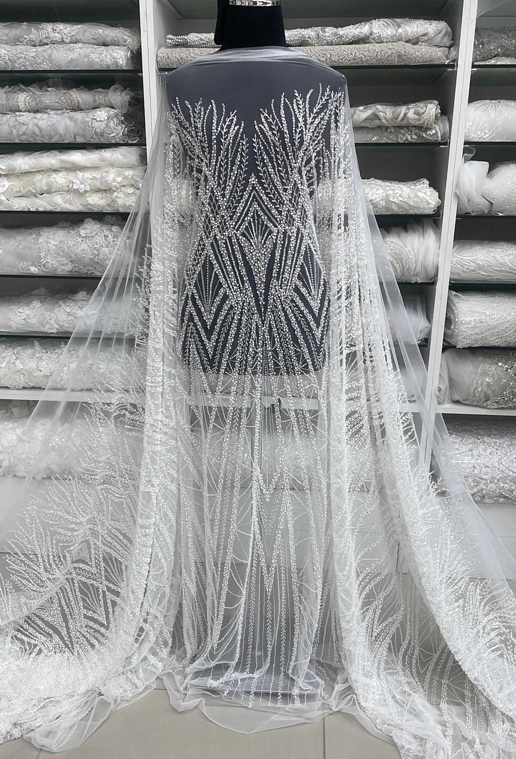 Wedding Dress Fabric Tulle Embroidery with Beads and Sequins-per m-137-11-Off White