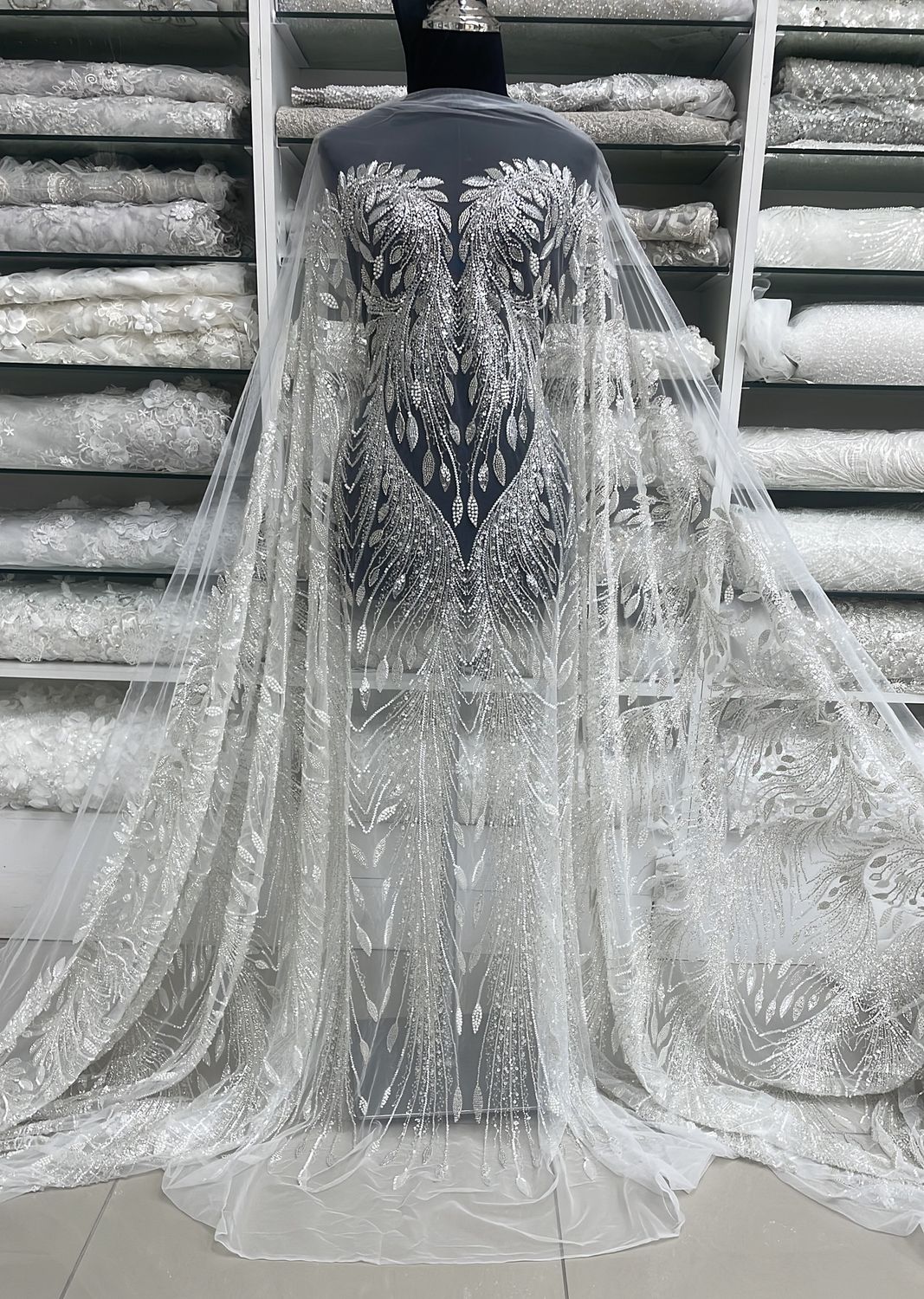 Wedding Dress Fabric Tulle Embroidery with Beads and Sequins-per m-137-03-Silver