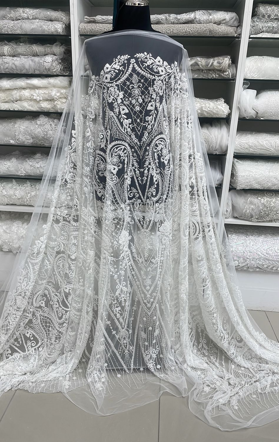 Wedding Dress Fabric Tulle Embroidery with Beads and Sequins-per m-137-01-Off White