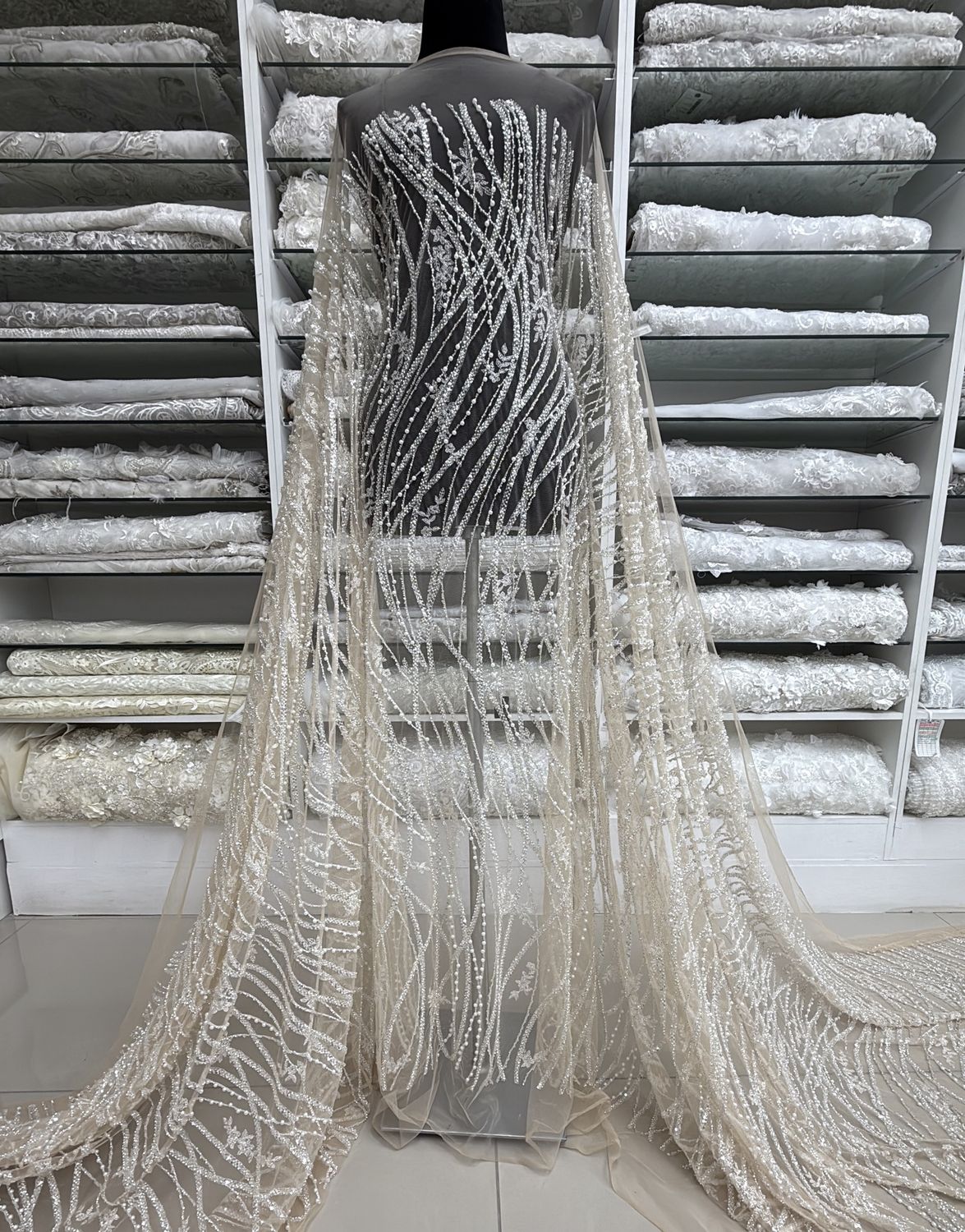 Evening Wear Dress Fabric Tulle Embroidery with Beads &amp; Pearls-per m-137-09-Skin / Silver