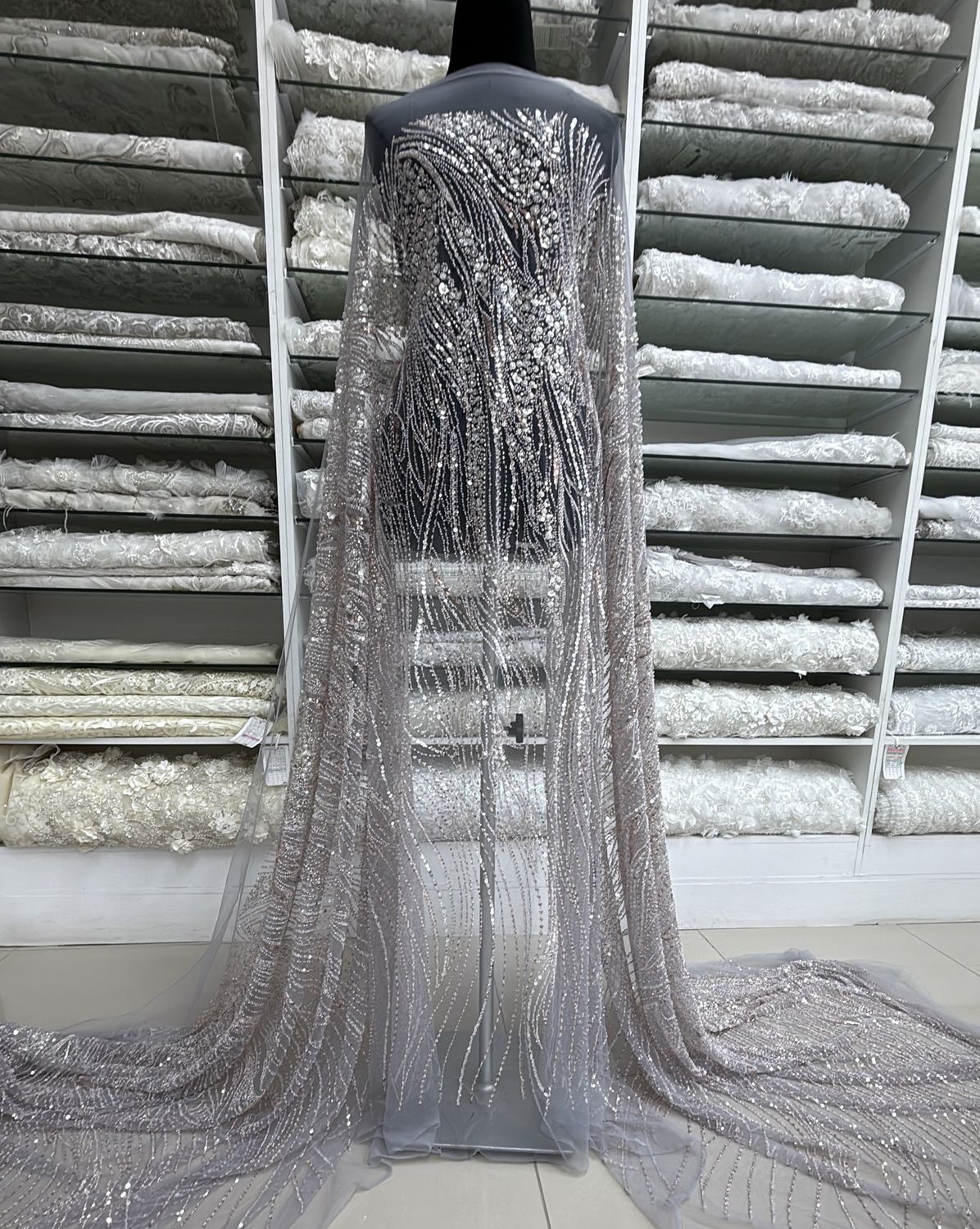 Evening Wear Dress Fabric Tulle Embroidery with Beads, Sequins &amp; Silver Cord-per m-137-60-Light Grey &amp; Lilac