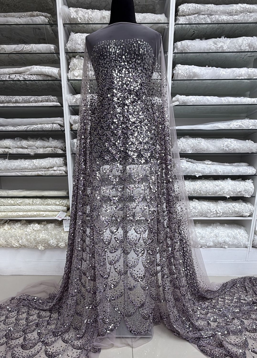 Evening Wear Dress Fabric Tulle Embroidery with Beads &amp; Sequins-per m-137-68-Light Purple
