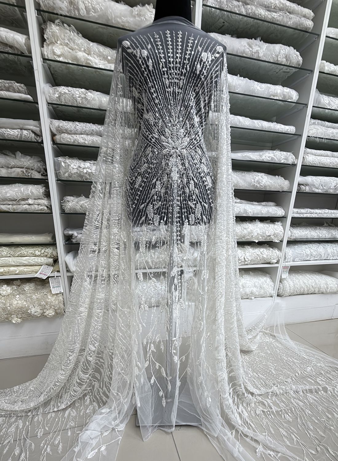Wedding Dress Fabric Tulle Embroidery with Beads &amp; Sequins-per m-137-004-Off White / Silver
