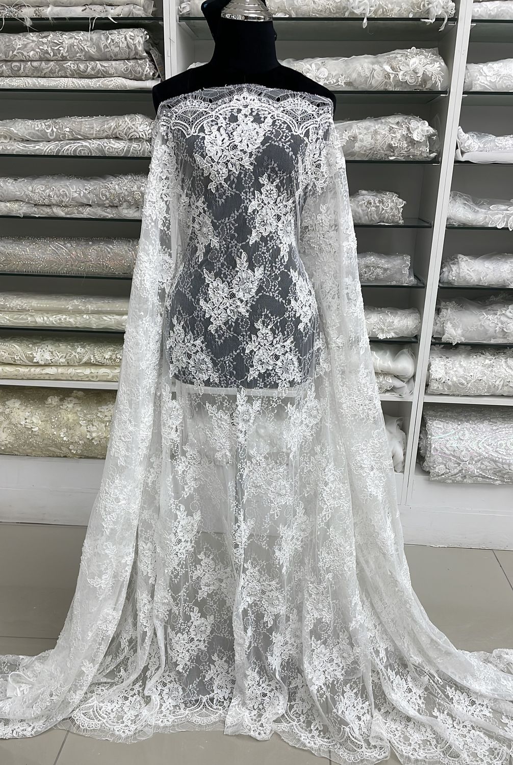 Wedding Dress Fabric Lace Chantilly Corded Beaded-per m-137-02-OFF WHITE