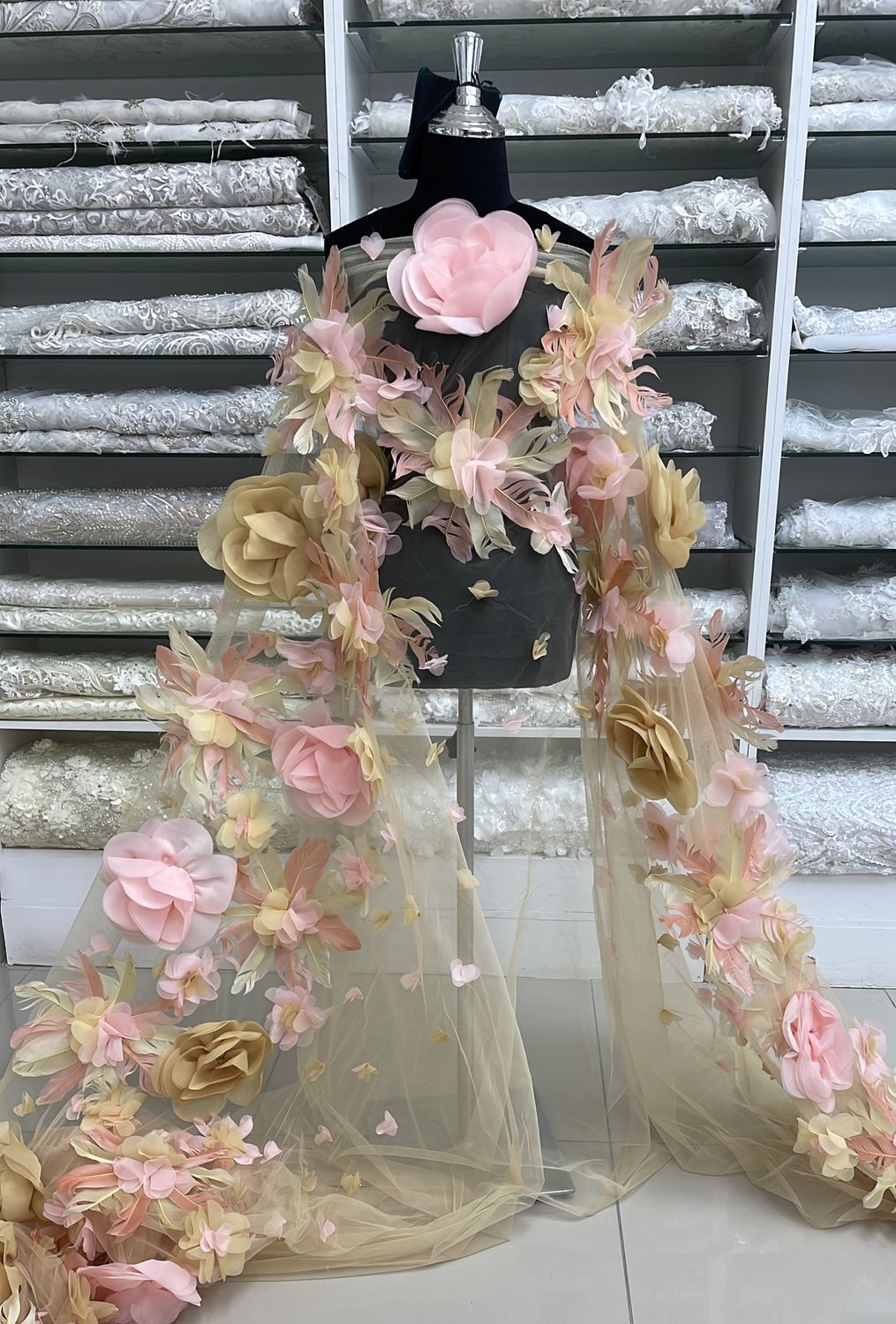 Dress Fabric Tulle Lazer Flower Feather Applique -per m-160-03-GOLD PEACH