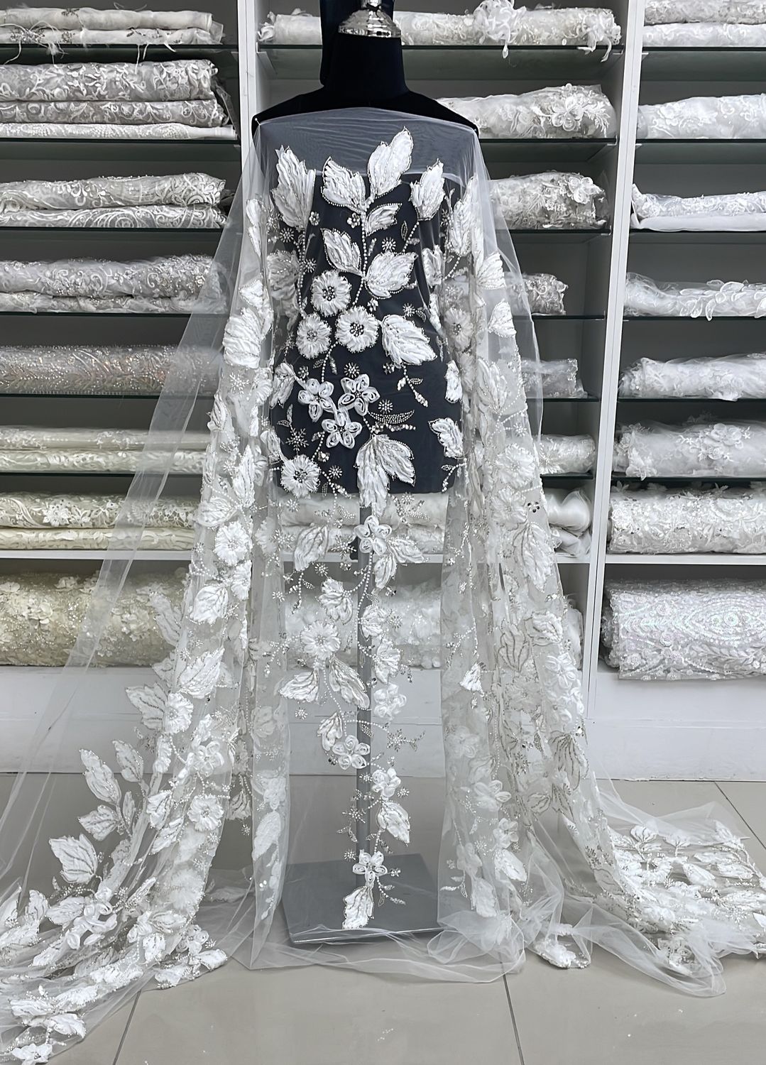 Wedding Dress Fabric Tulle Emb Bead Ribbon-per m-137-01-WHITE