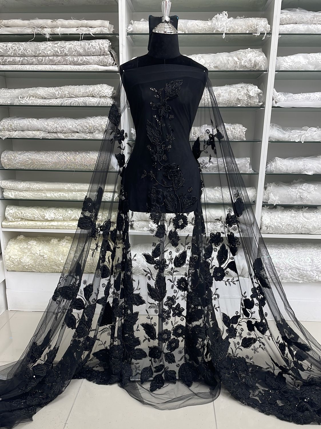 Dress Fabric Tulle Emb Bead Ribbon-per m-137-02-BLACK