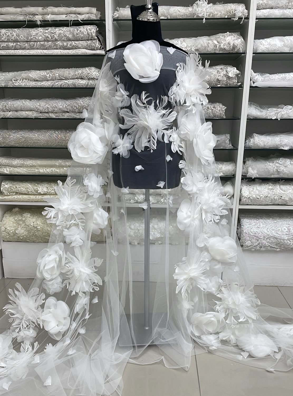 Wedding Dress Fabric Tulle Lazer Flower Feather Applique -per m-160-01-OFF WHITE