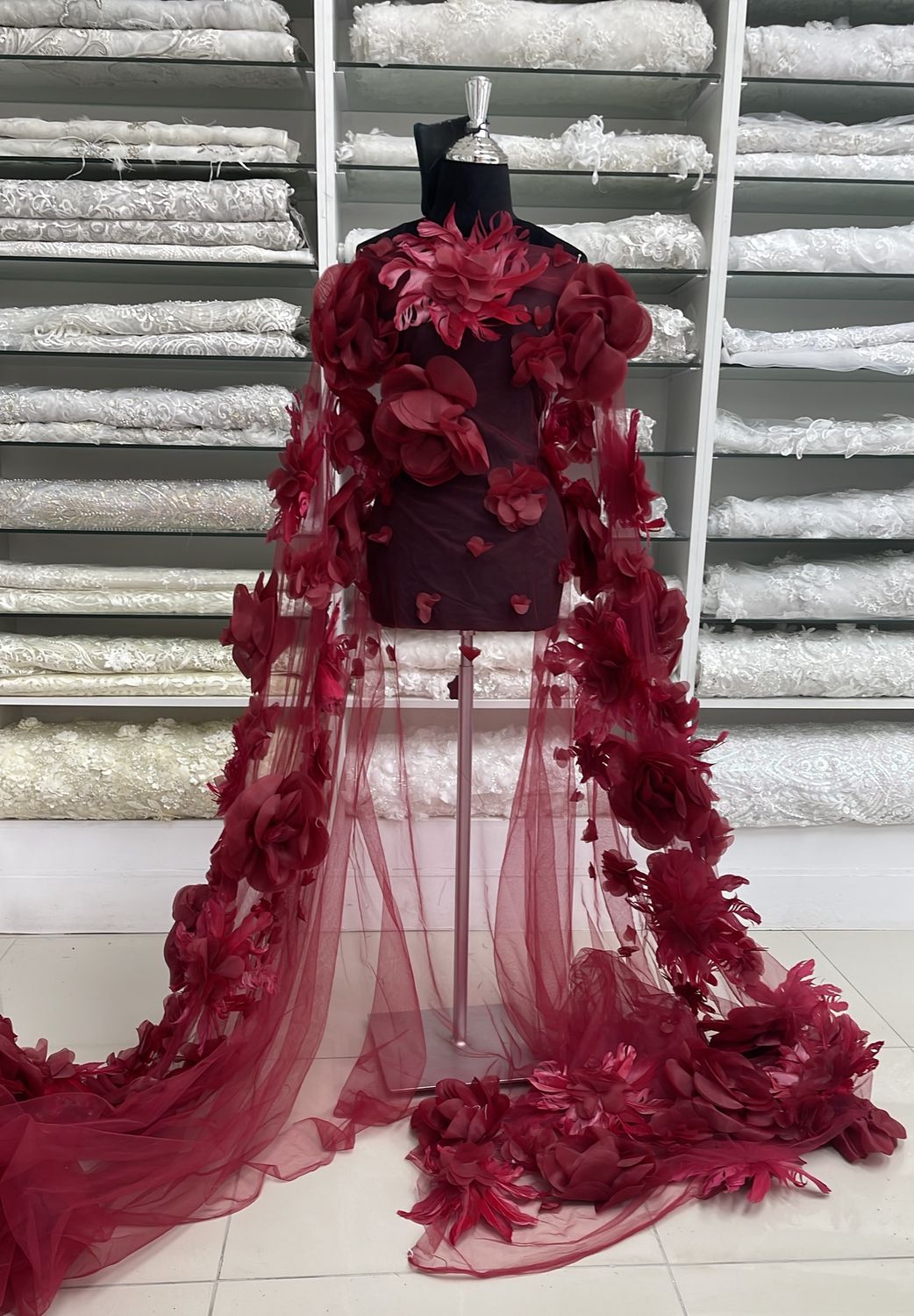 Dress Fabric Tulle Lazer Flower Feather Applique -per m-160-04-RED