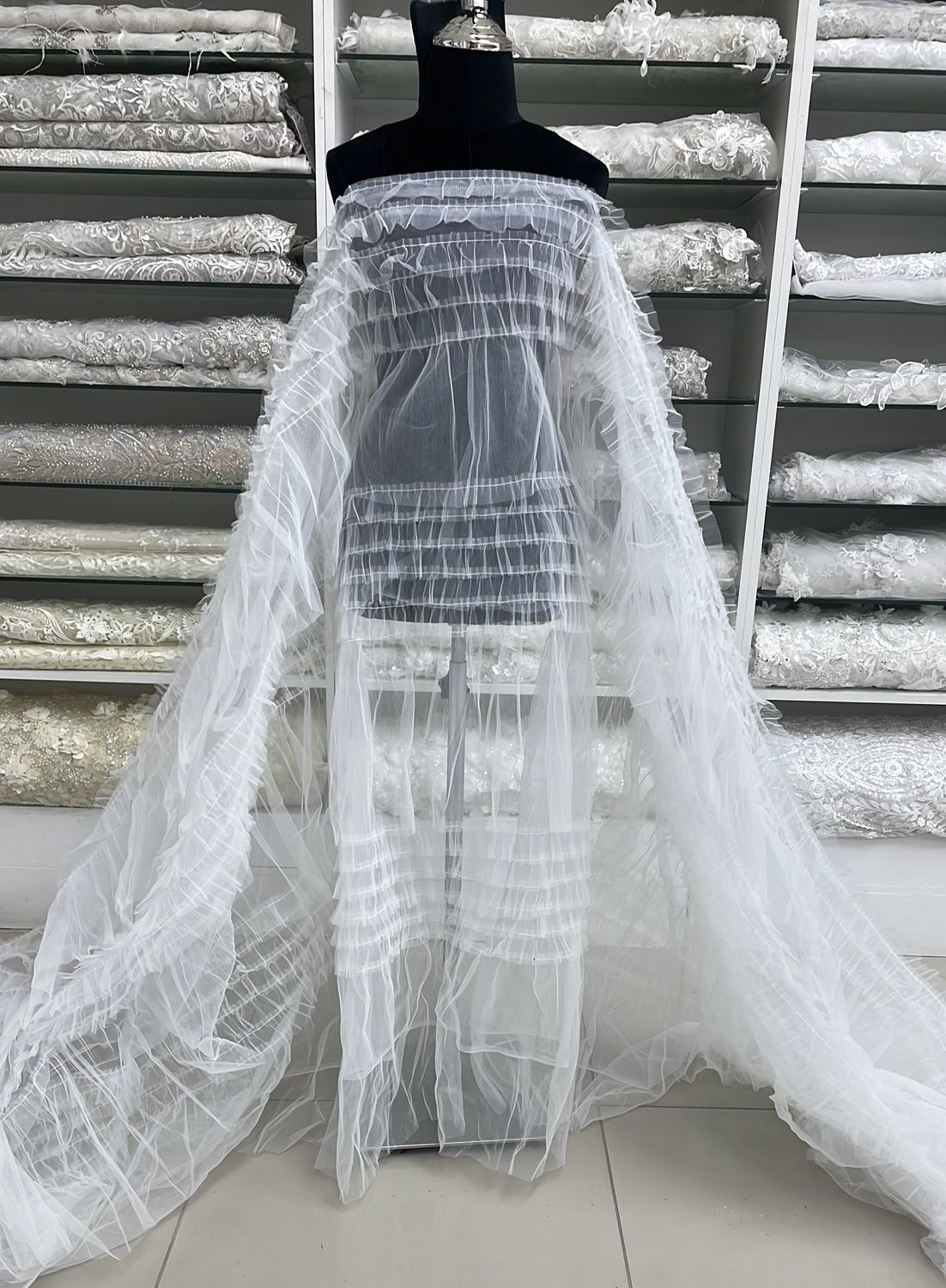 Wedding Dress Fabric Tulle Pleated Frills-per m-150-02-WHITE