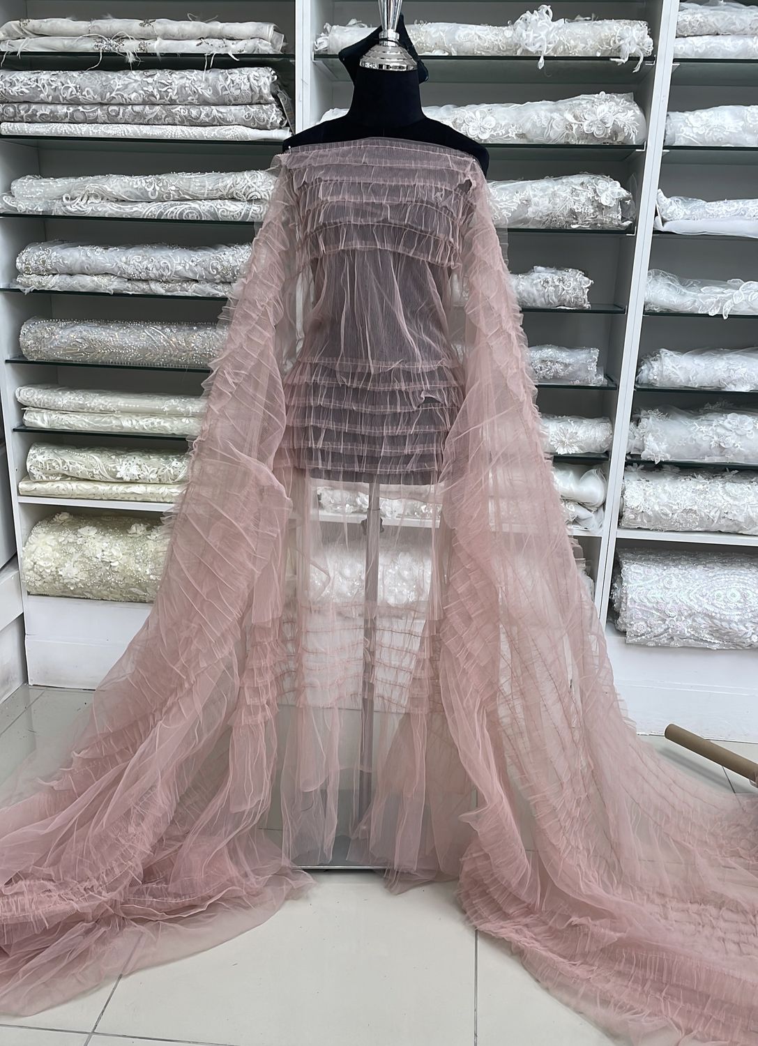 Dress Fabric Tulle Pleated Frills-per m-150-03-DUSTY PINK