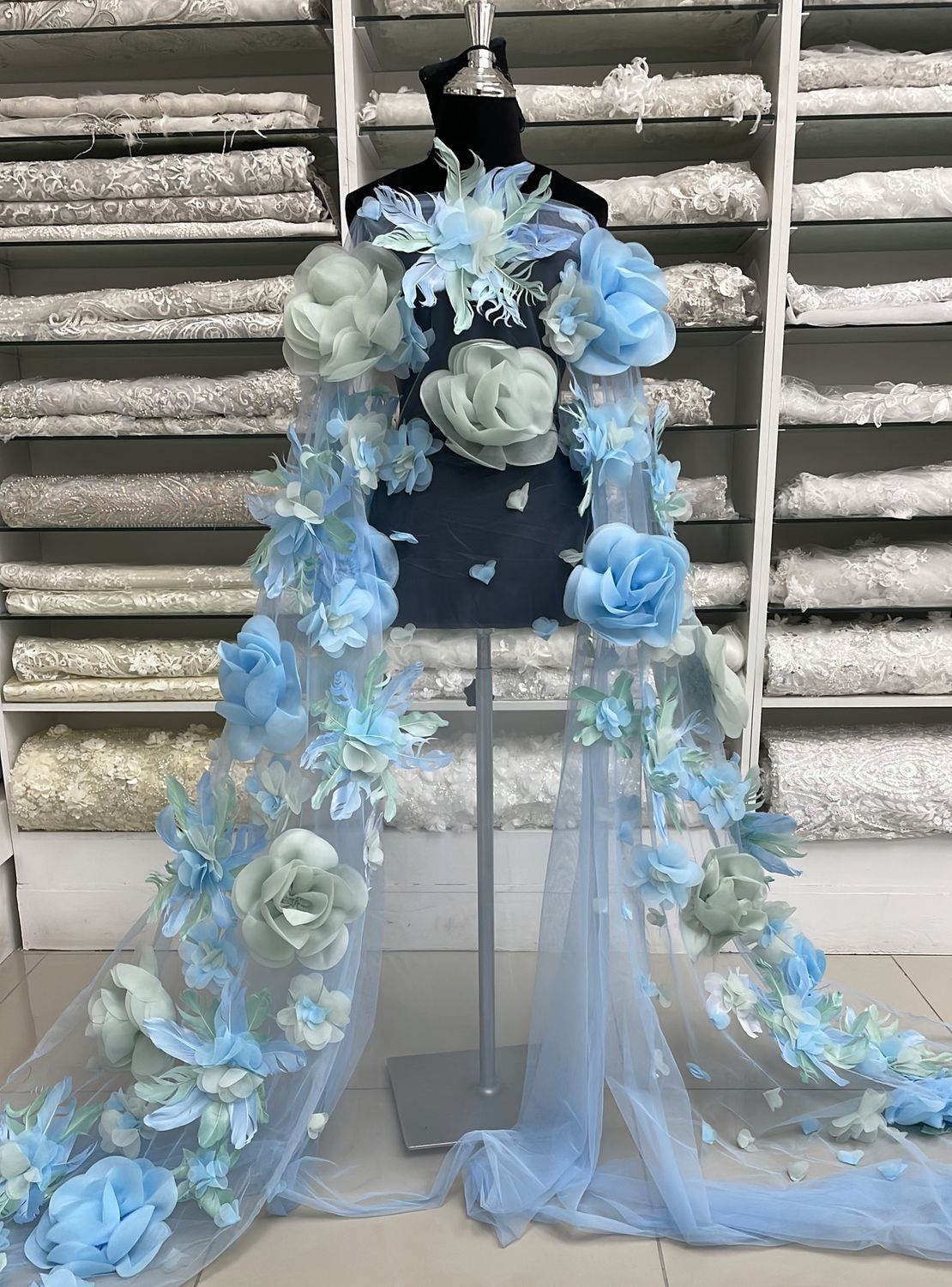 Dress Fabric Tulle Lazer Flower Feather Applique -per m-160-02-BLUE