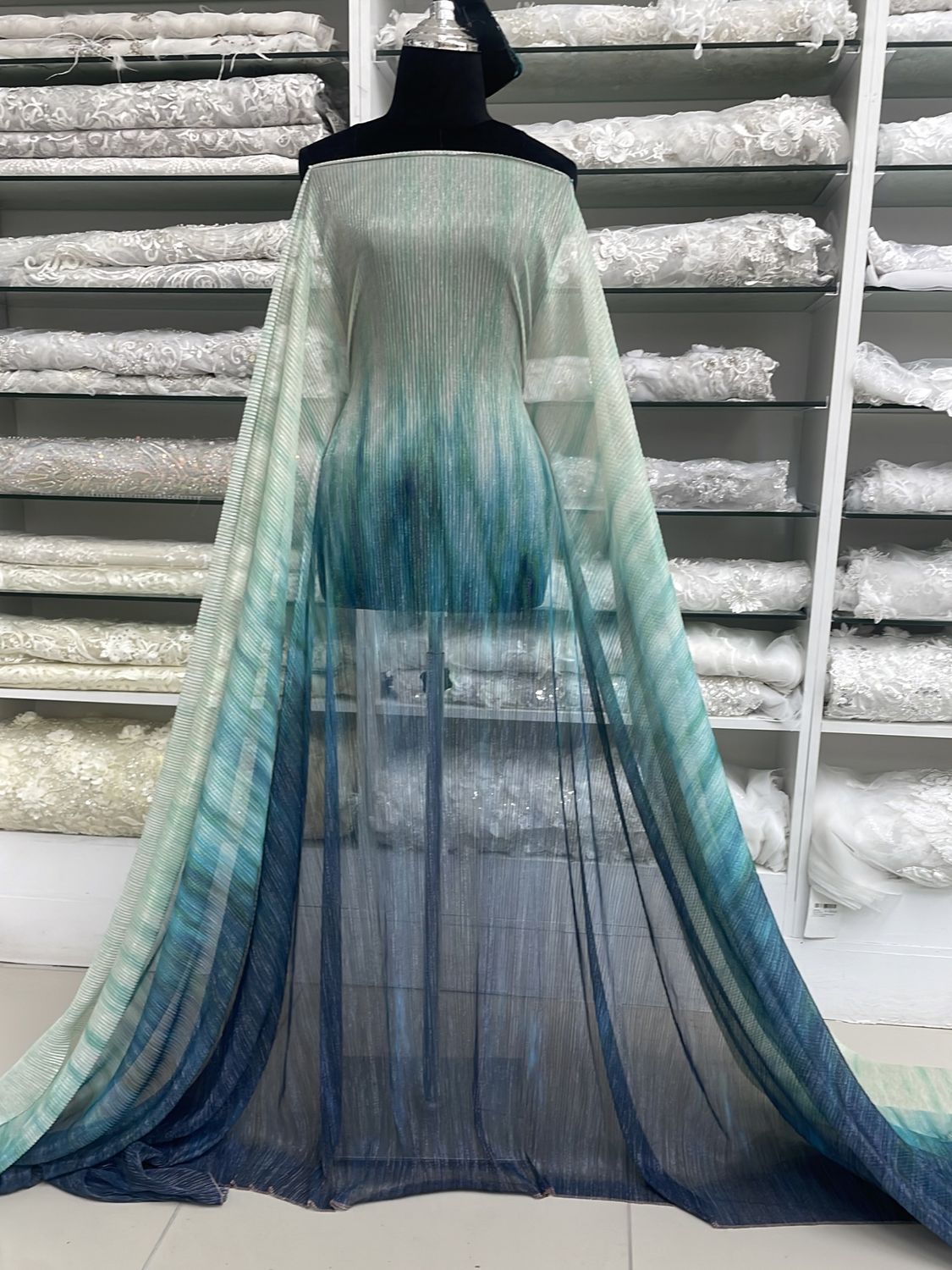 Dress Fabric Tulle Pleated Printed Metalic-per m-150-04-MINT NAVY