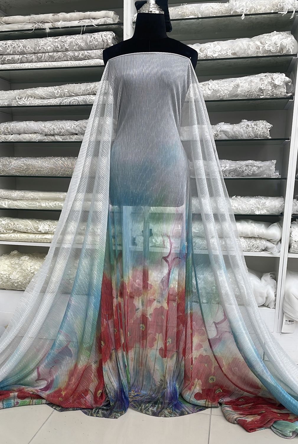 Dress Fabric Tulle Pleated Printed Metalic-per m-150-02-MINT CORAL