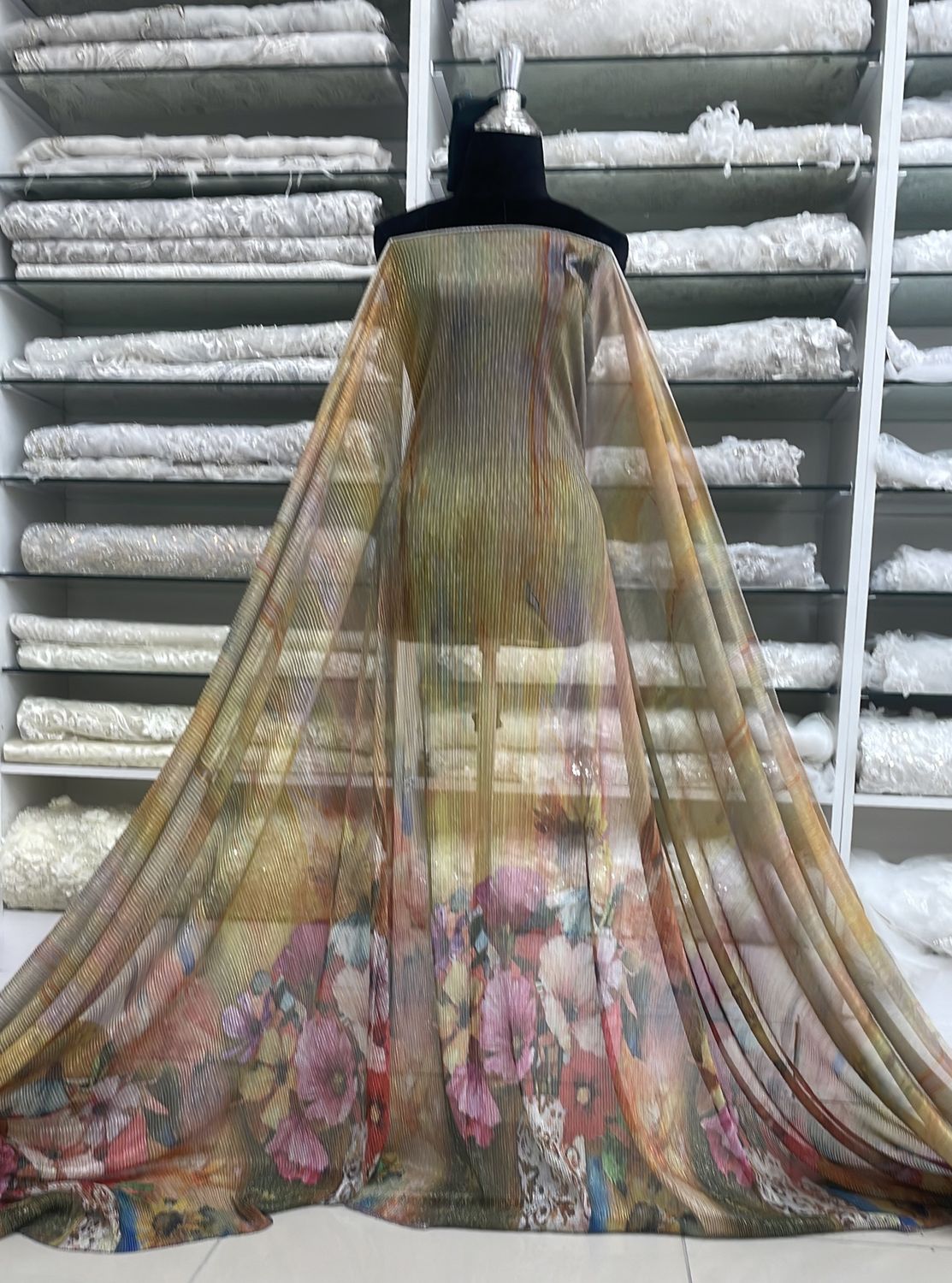 Dress Fabric Tulle Pleated Printed Metalic-per m-150-03-BRONZE AQUA