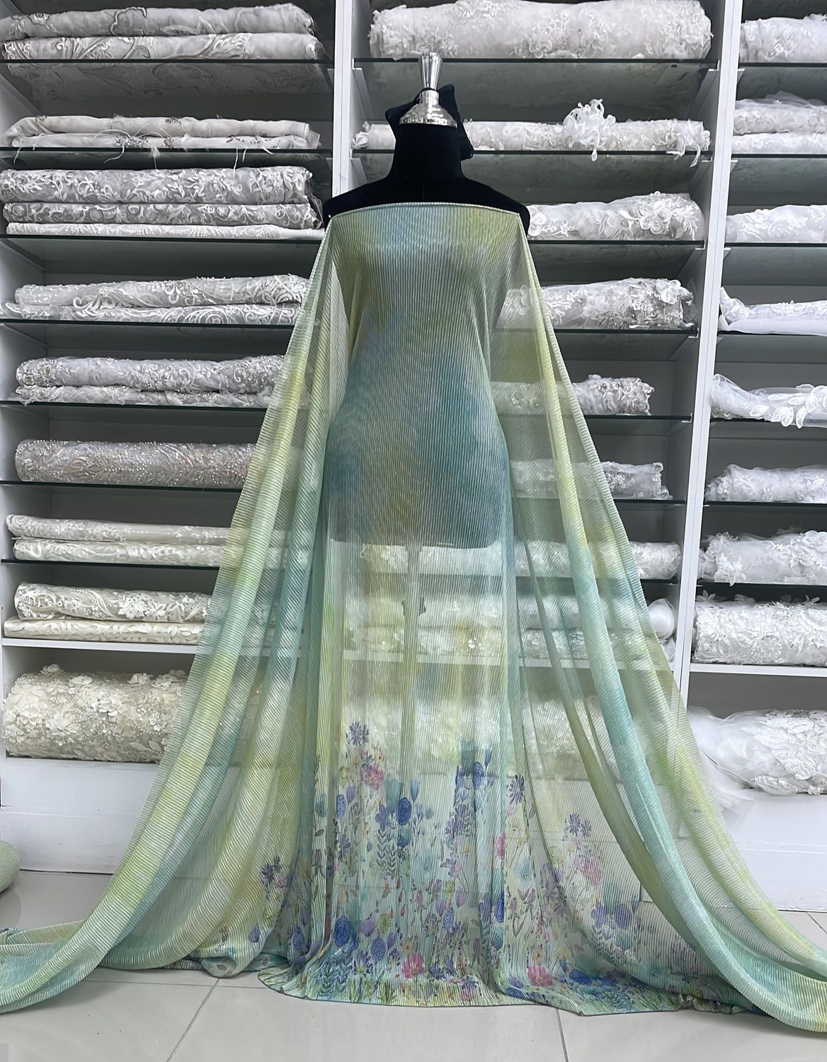 Dress Fabric Tulle Pleated Printed Metalic-per m-150-01-MINT PURPLE