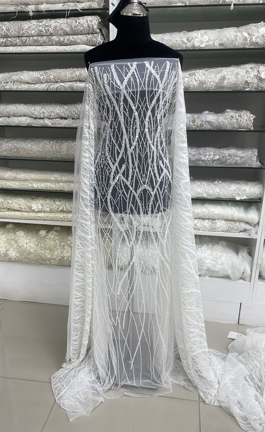 Wedding Dress Fabric Tulle embroidery beaded-per m-137-01-White