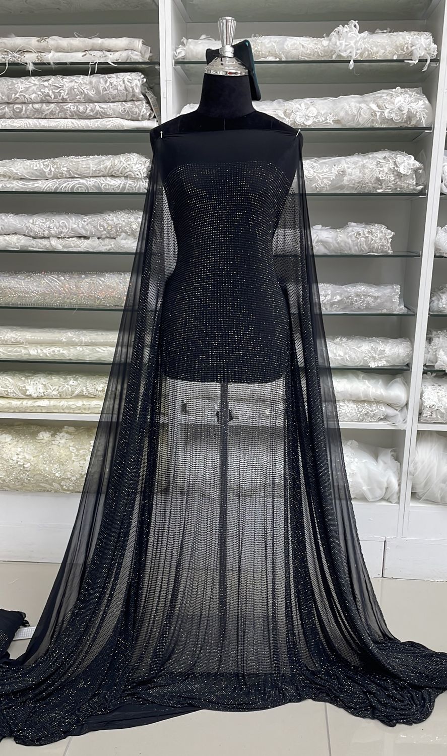 Dress Fabric Tull with embroidery-per m-145-01-BLACK