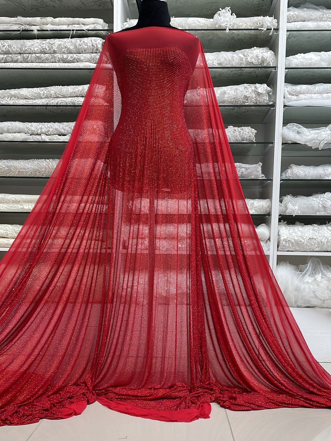 Dress Fabric Tull with embroidery-per m-145-03-RED