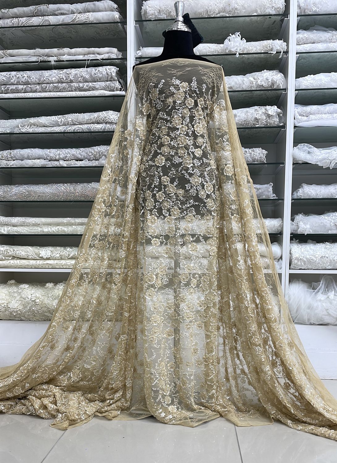 Dress Fabric Lace Chantily Beaded-per m-137-02-GOLD