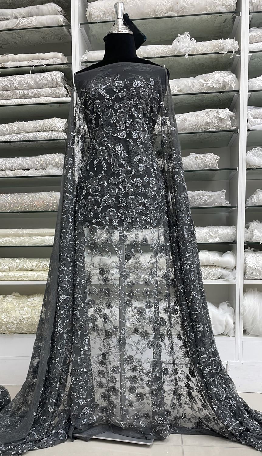 Dress Fabric Lace Chantily Beaded-per m-137-03-CHARCOAL