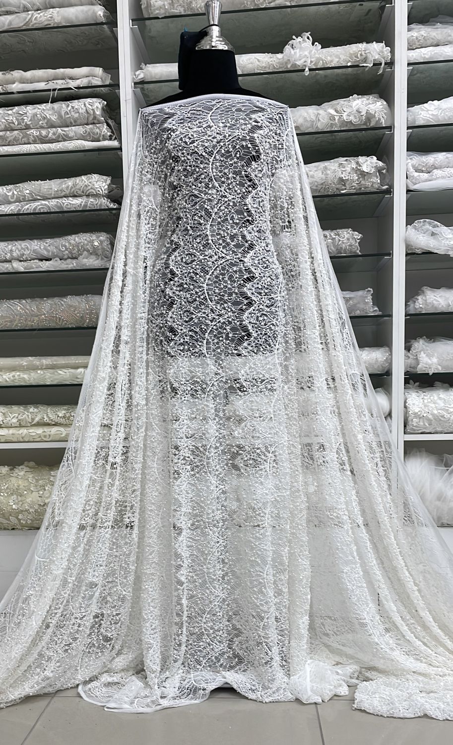Wedding Dress Fabric Lace Chantilly Beaded-per m-150-01-OFF WHITE