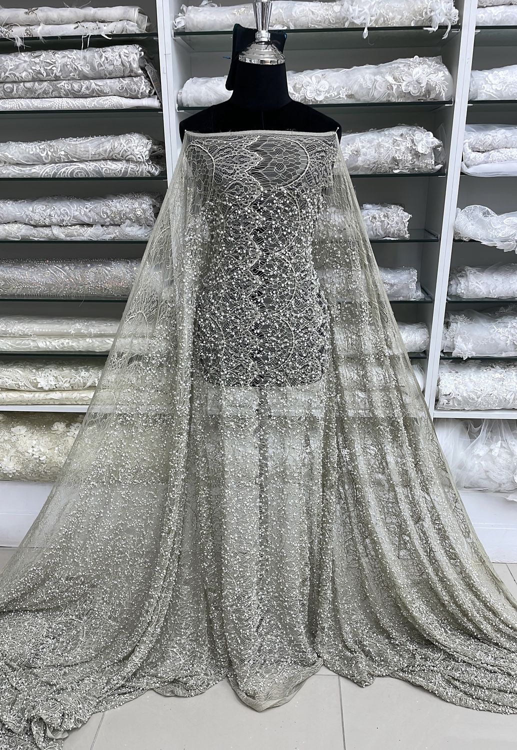 Dress Fabric Lace Chantilly Beaded-per m-150-02-TAUPE