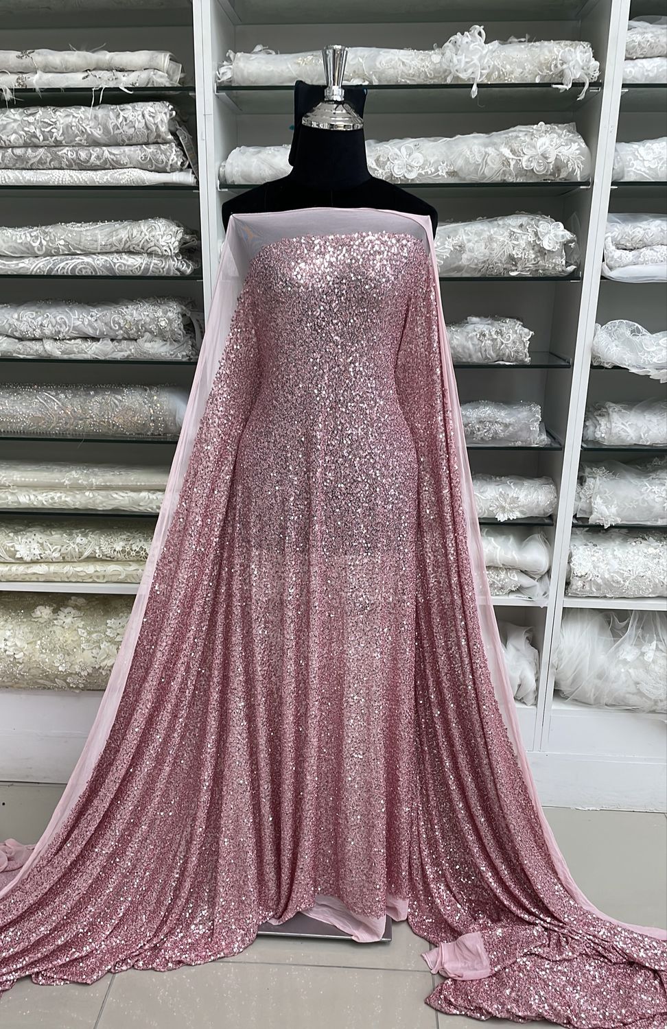 Dress Fabric Mesh Sequins-per m-137-18-PINK
