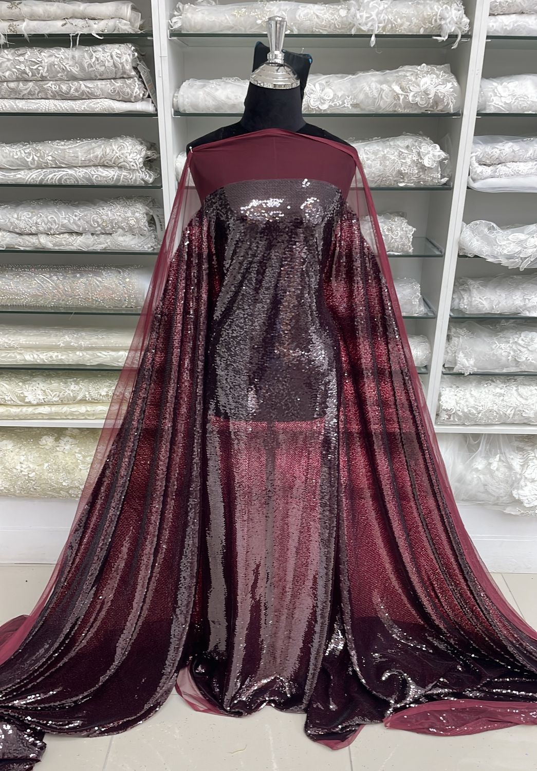Dress Fabric Tulle Sequins-per m-137-15-BURGANDY