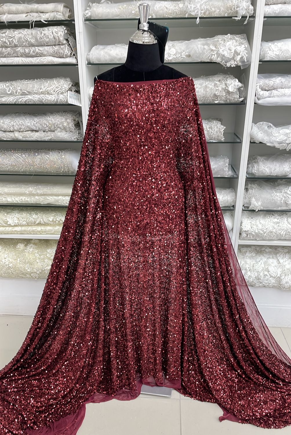Dress Fabric Mesh Sequins-per m-137-05-MAROON