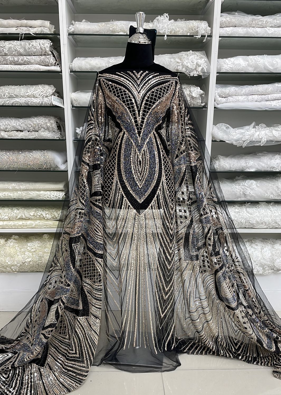 Dress Fabric Tulle Emb Beaded-per m-137-01-BLACK GOLD