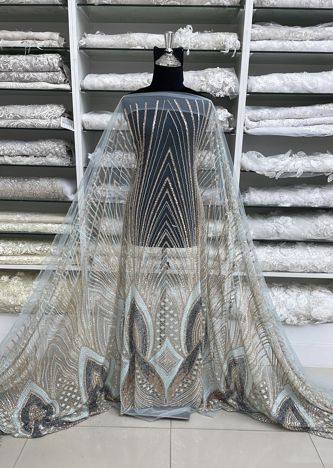 Dress Fabric Tulle Emb Beaded-per m-137-02-TIFFANY GOLD