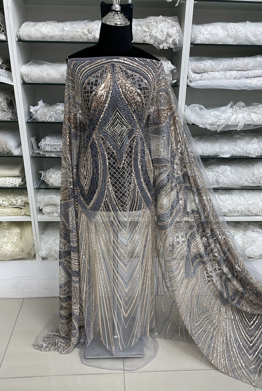 Dress Fabric Tulle Emb Beaded-per m-137-03-GREY GOLD