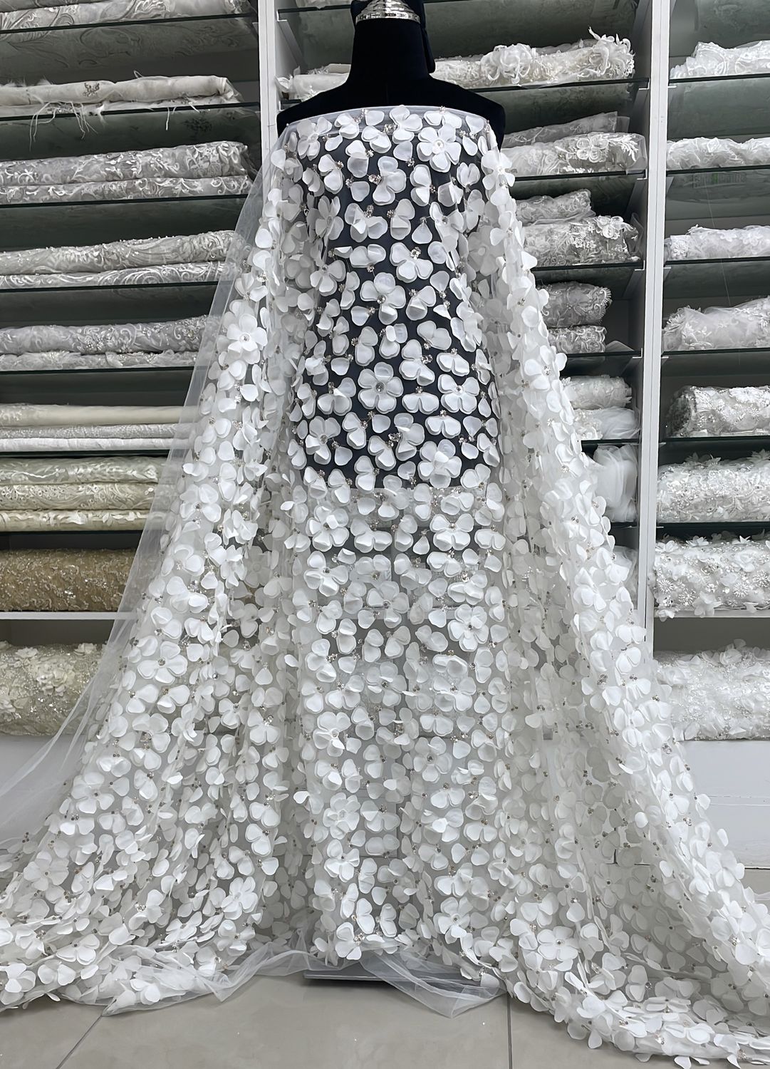 Wedding Dress Fabric Tulle Lazer Flower Appl Bead (per m) 135-02-OFF WHITE