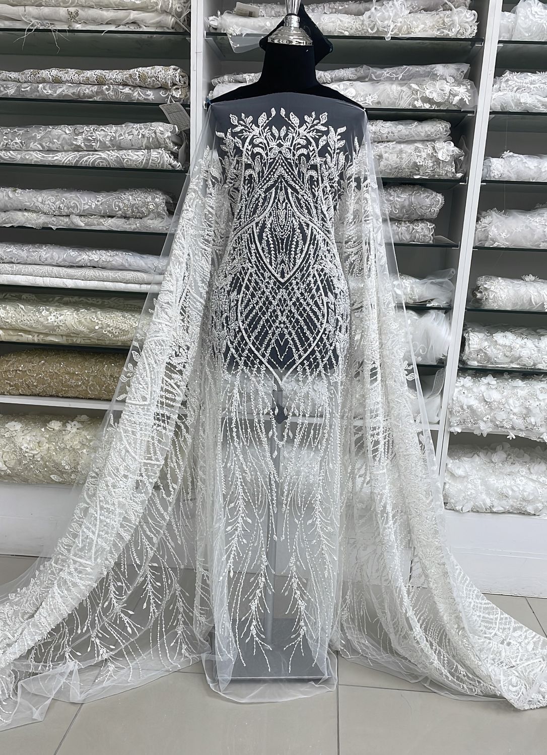 Wedding Dress Fabric Tulle Embroidery with Beads &amp; Sequins-per m-137-03-Off White / Silver