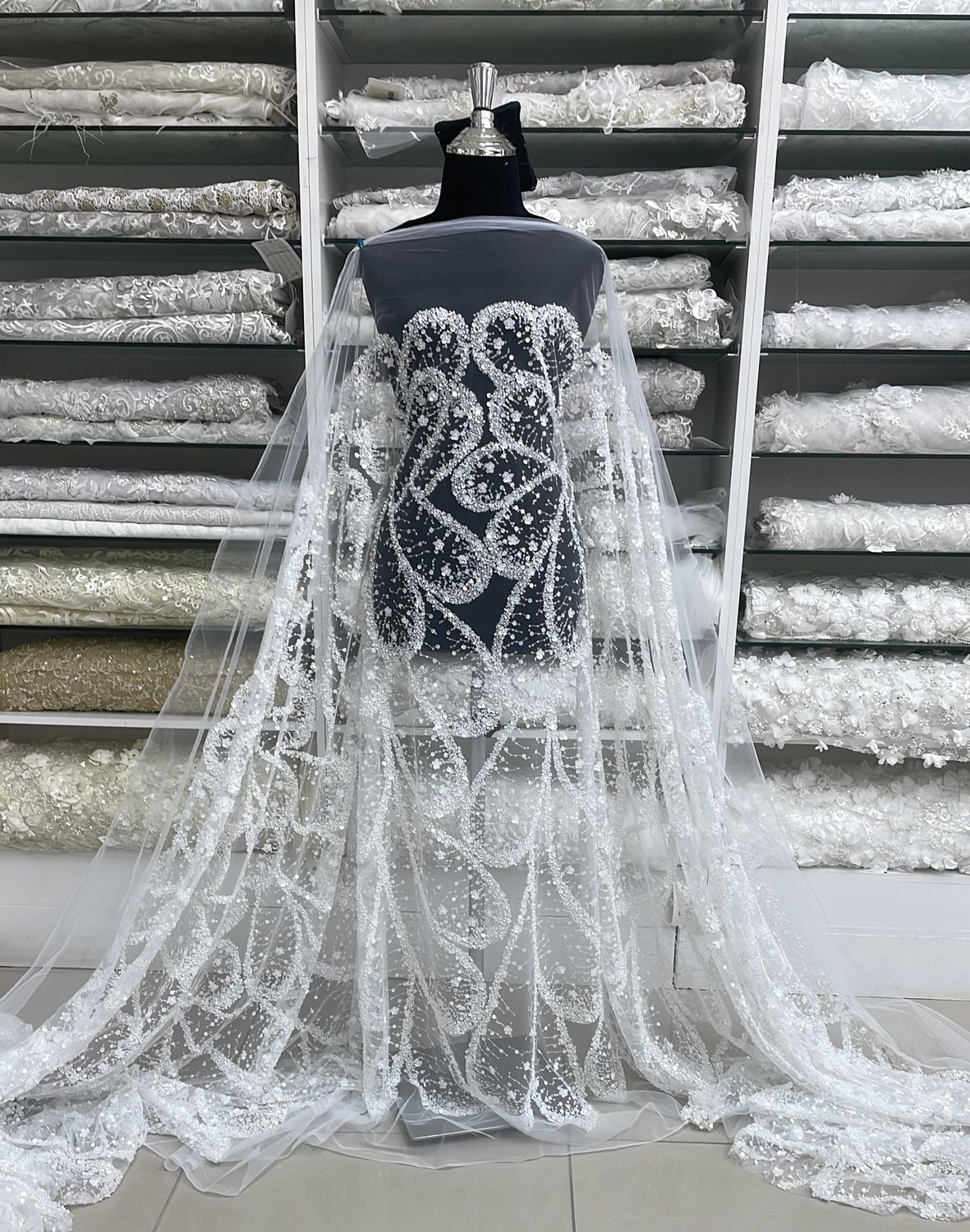 Wedding Dress Fabric Tulle Emb Bead-per m-137-02-WHITE