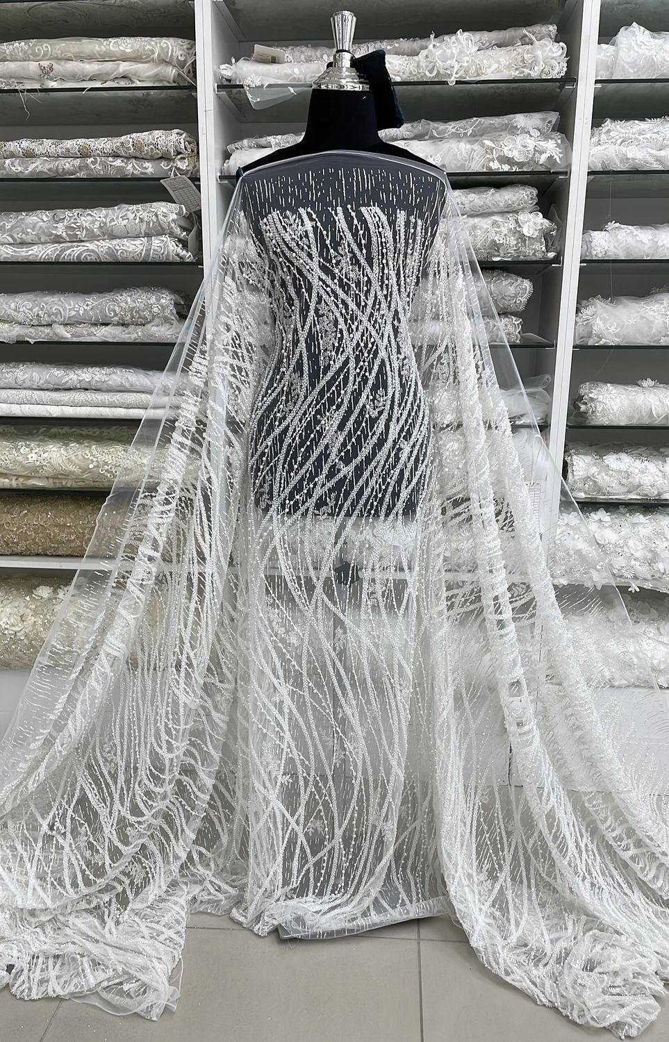 Wedding Dress Fabric Tulle Embroidery with Beads &amp; Pearls-per m-137-08-Off White / Platinum Thread
