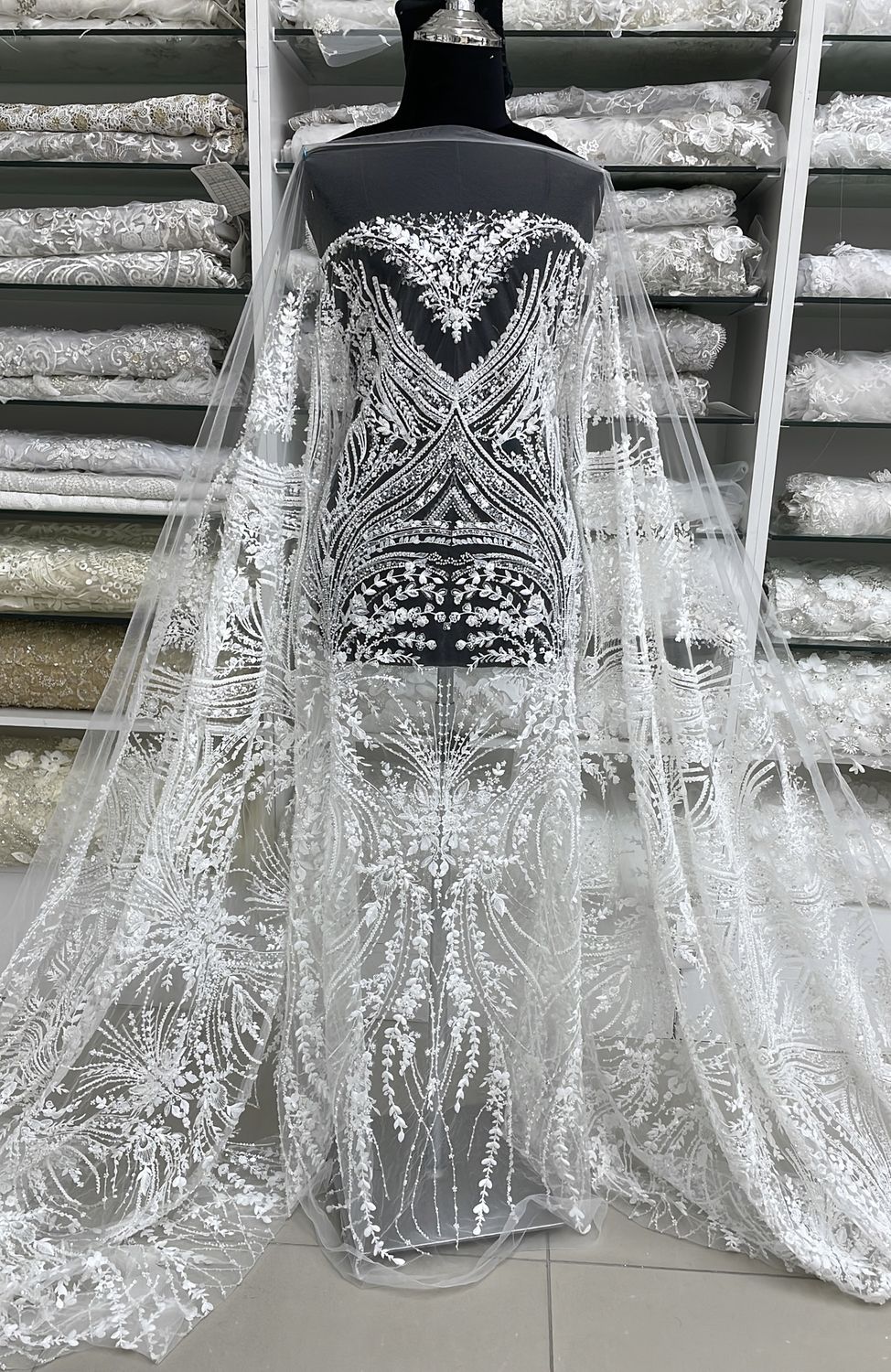 Wedding Dress Fabric Tulle Embroidery with Beads-per m-137-02-Off White
