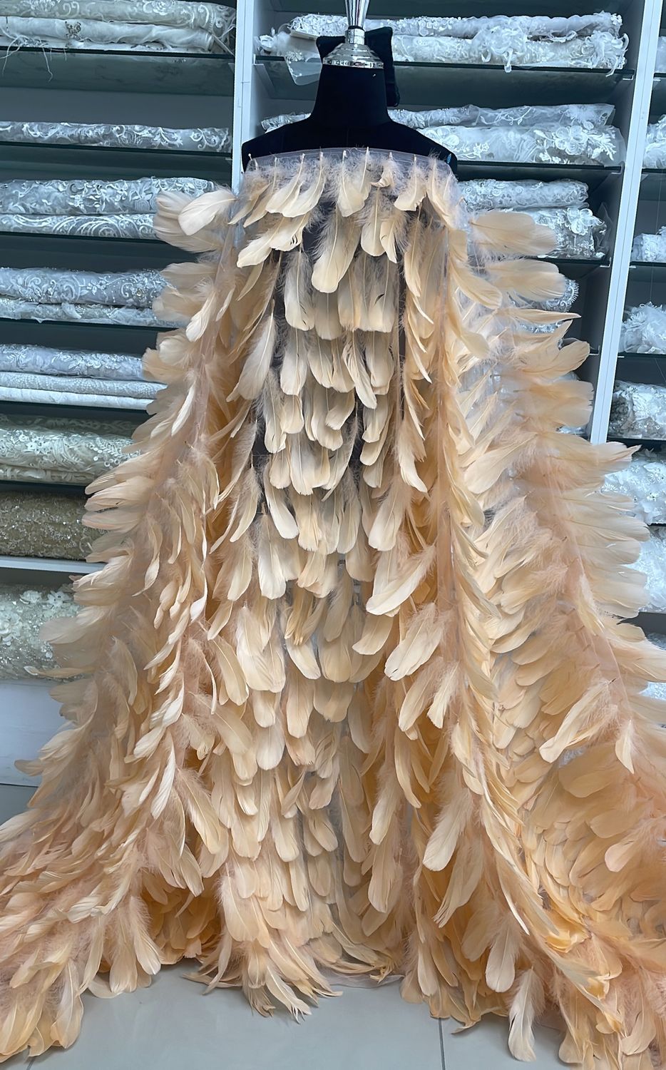 Dress Fabric Tulle Feathers-per m-150-01-PEACH