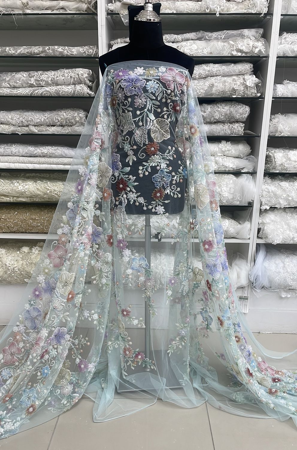 Dress Fabric Tulle Emb Bead Ribbon-per m-137-02-WHITE LILAC