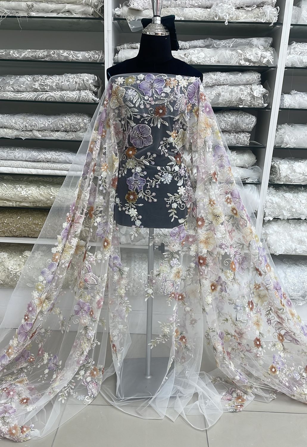 Dress Fabric Tulle Emb Bead Ribbon-per m-130-01-MINT LILAC