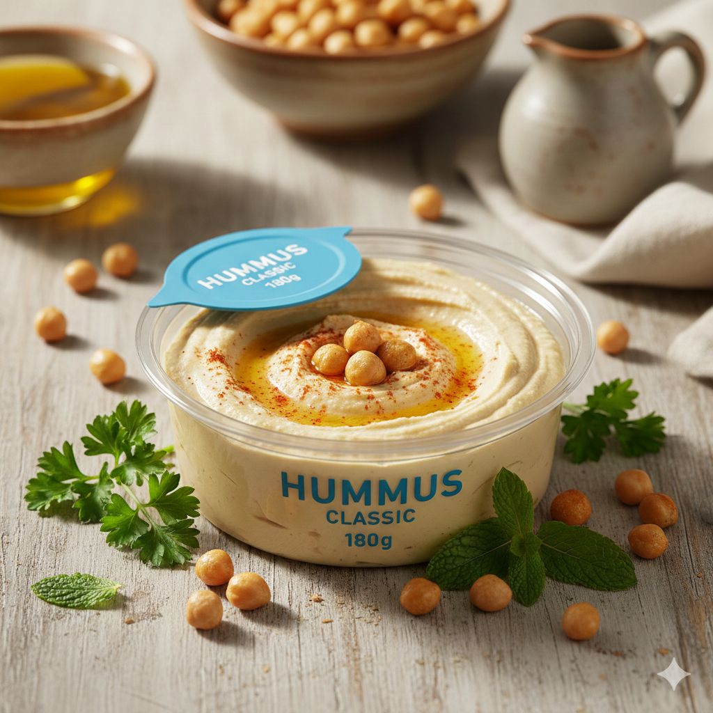 HUMMUS 180g      (Chickpeas, Sesame Seeds, Olive Oil, Garlic, Salt, Cumin, Lemon Juice. (Frozen)