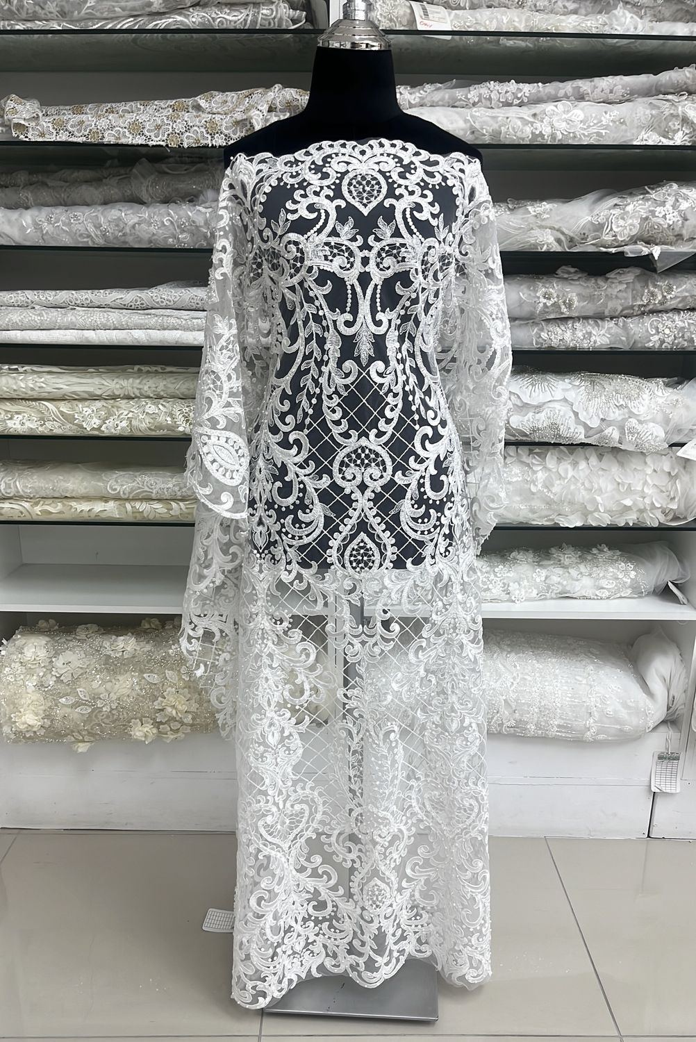 [ 15898 ] Tulle Embroidered Beaded Corded/137cm/5g/WHITE per Meter