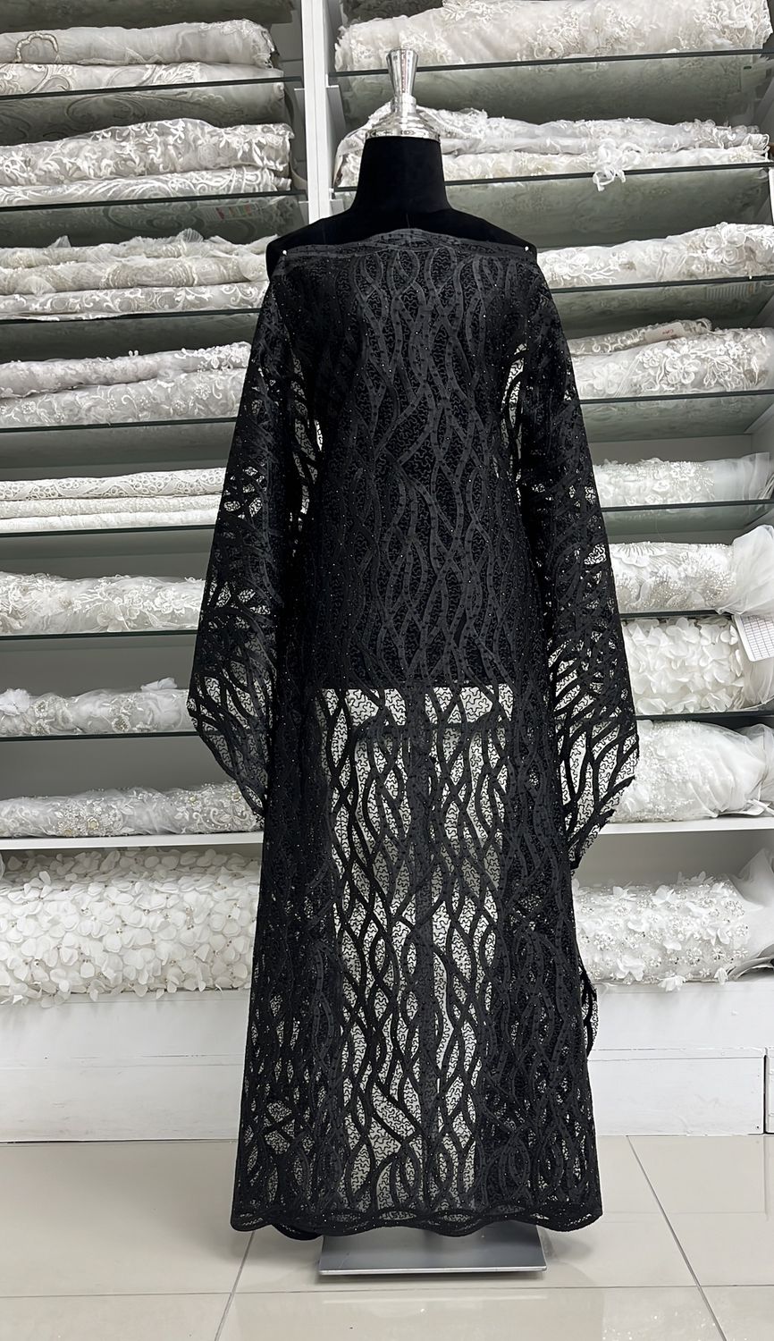 [ 16636 ] Tulle Embroidered Stone/137cm/5g/Black per Meter