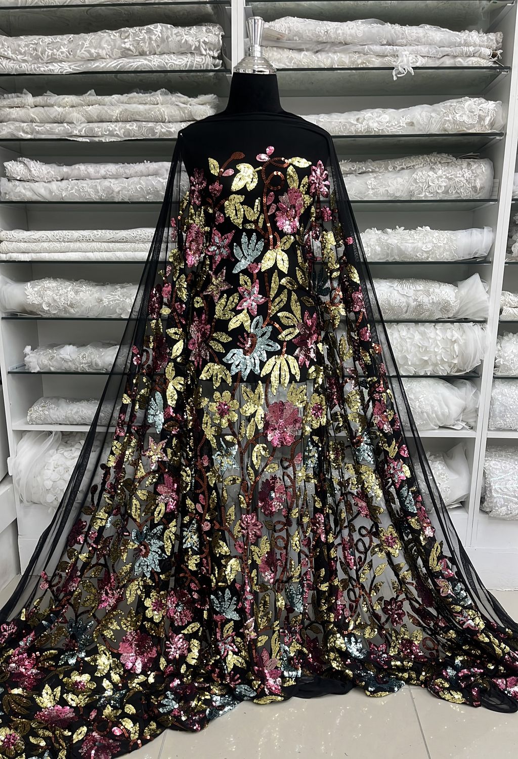 [ 25013 ] Mesh Sequence Floral-GZ-39590-137-Black Gold Pink- per Meter