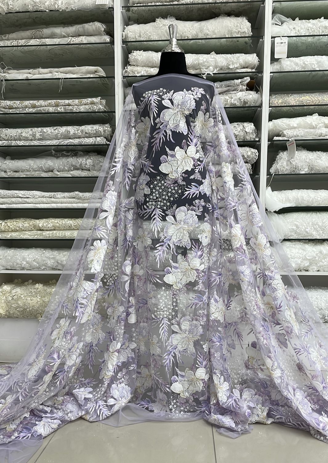 Dress Fabric Tulle Emb Bead Lazer Flower-per m-137-01-LILAC