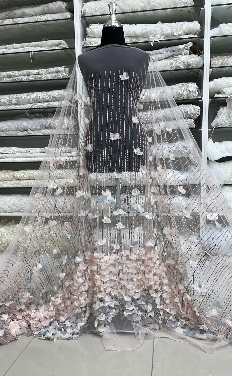 Dress Fabric Tulle Emb Bead Applique-per m-137-01-PEACH GREY